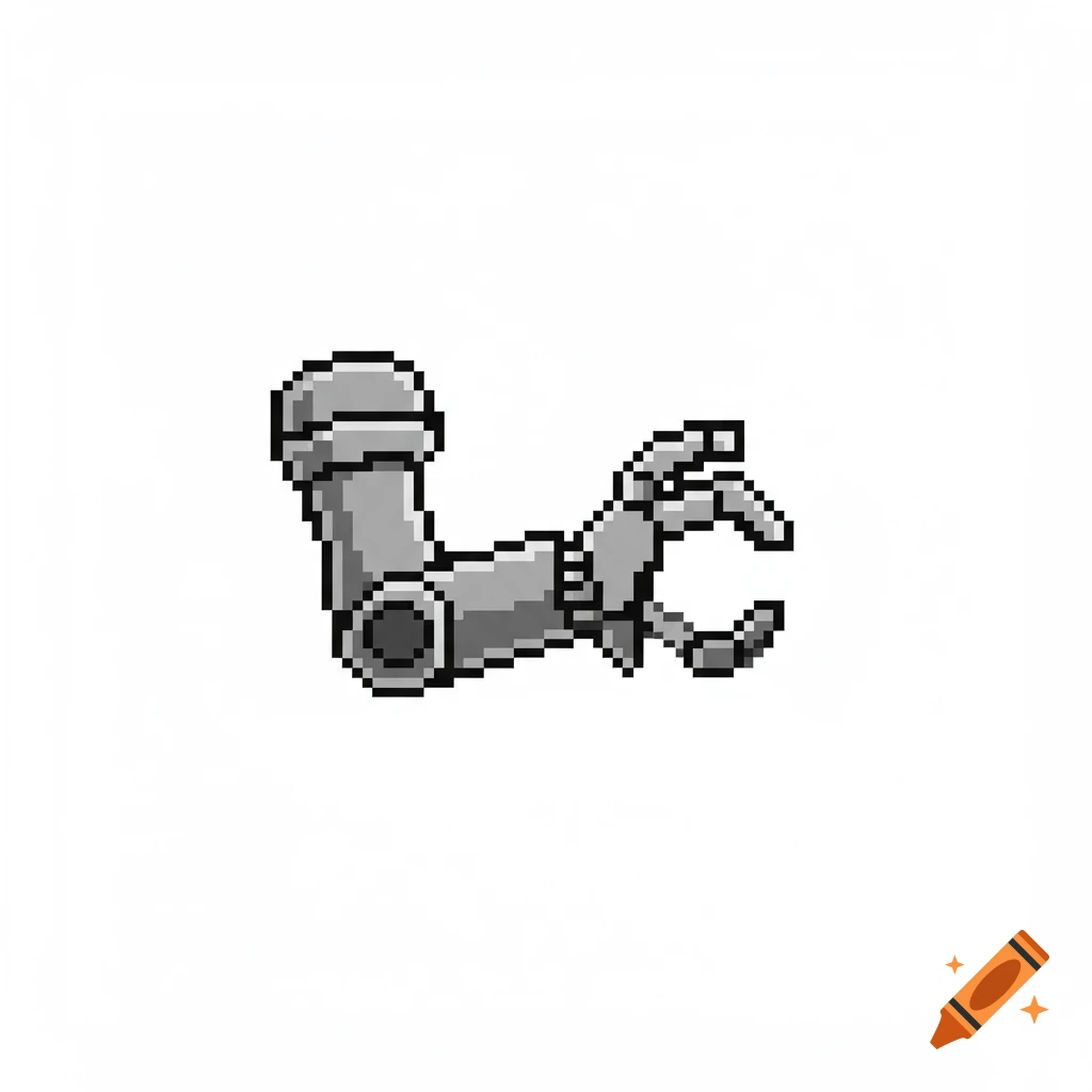 Pixel art of a grayscale robotic arm with a circular joint and an open claw, isolated on a white background.