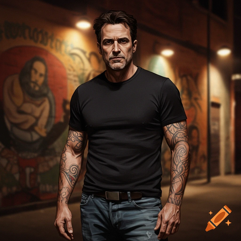 Photorealistic portrait of a serious man with full-sleeve tattoos, black t-shirt, and jeans, in a dark urban alley.