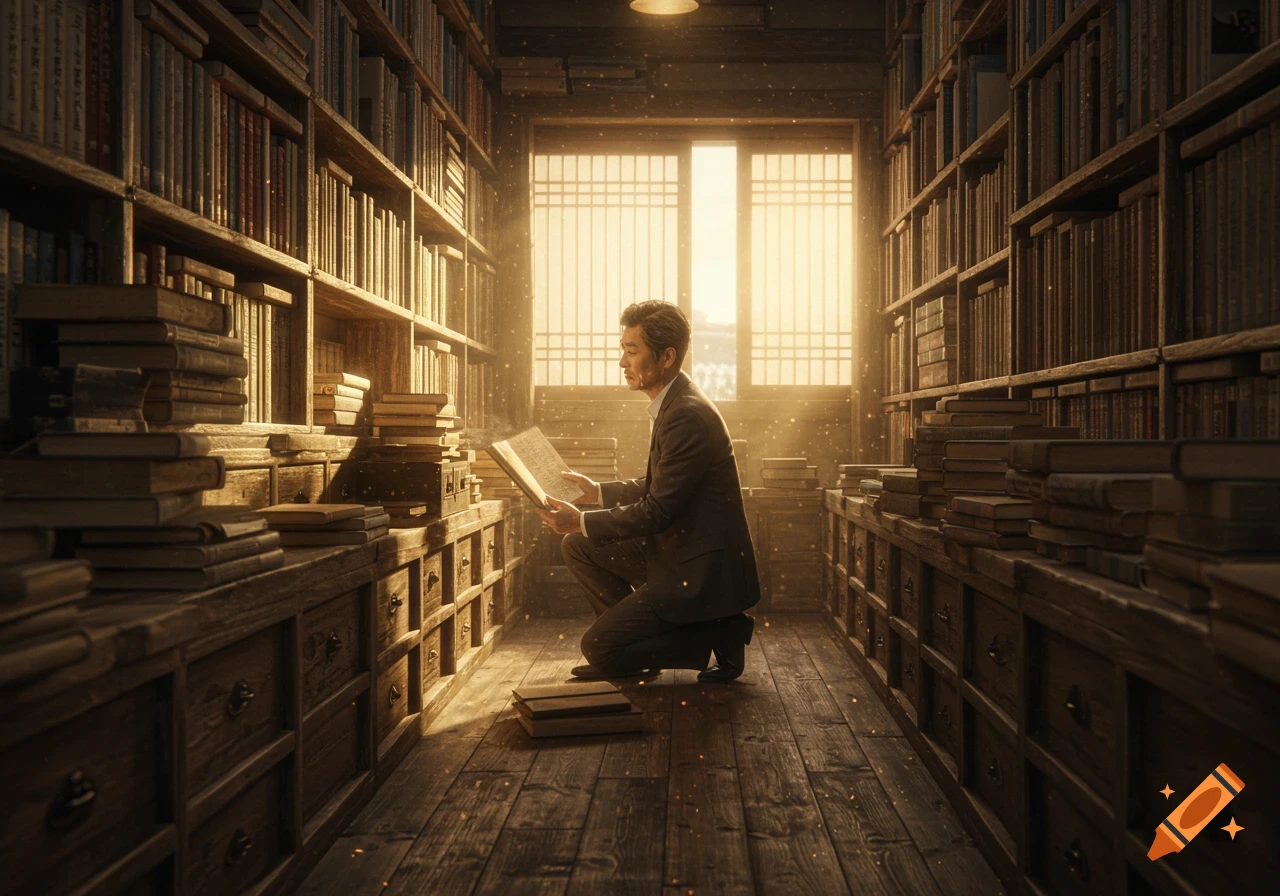 A photorealistic image of a 55-year-old Korean man kneeling and reading a dusty book in a warm, golden-lit old library, surrounded by tall wooden bookshelves.