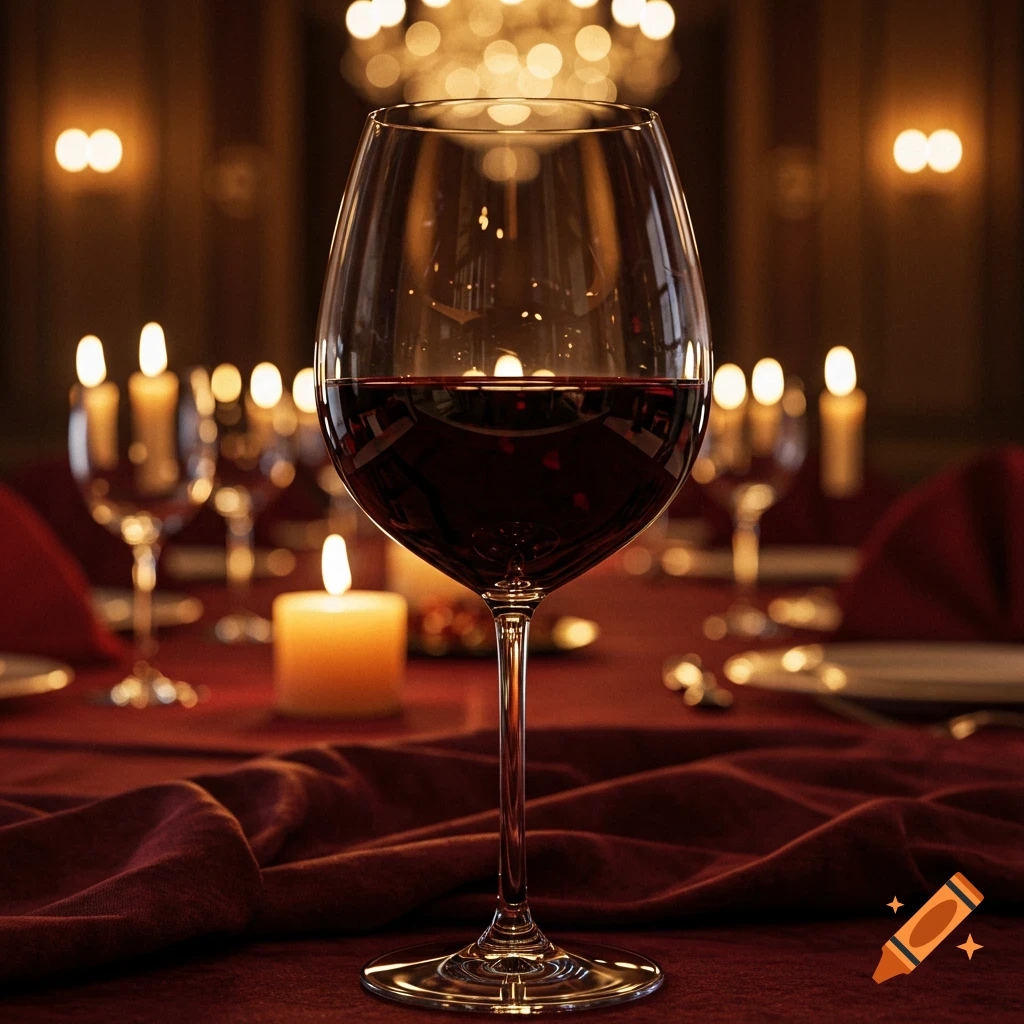 Photorealistic close-up of a glass of red wine on a red cloth table, illuminated by candles.