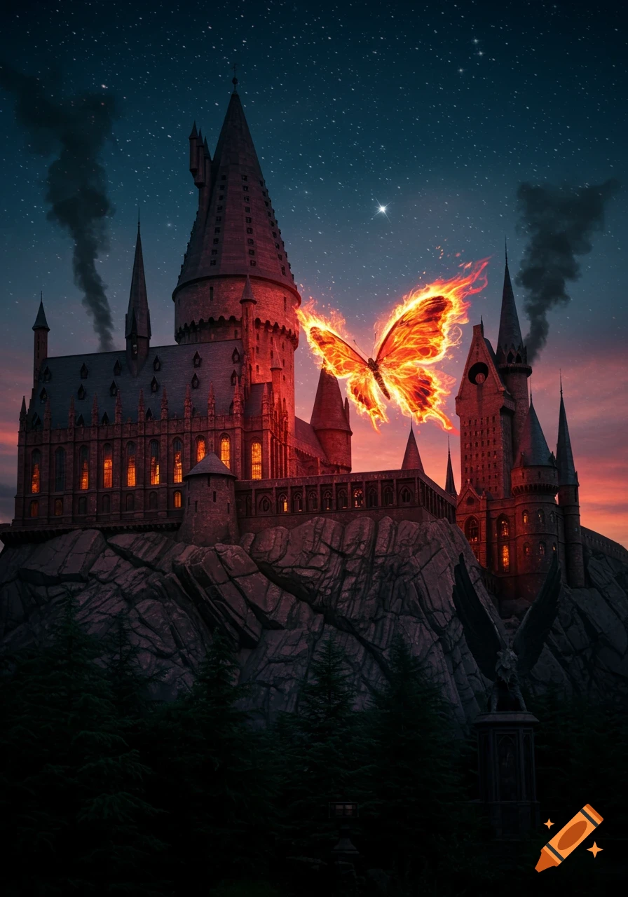 A dark, majestic Hogwarts-like castle stands under a starry night sky, illuminated by a glowing, fiery butterfly.