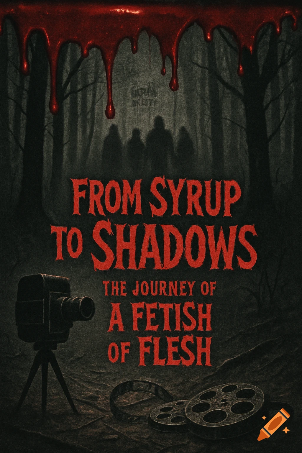 Horror movie poster with dripping red liquid, shadowy figures in a dark forest, a vintage film camera, and film reels, title 'From Syrup to Shadows'.