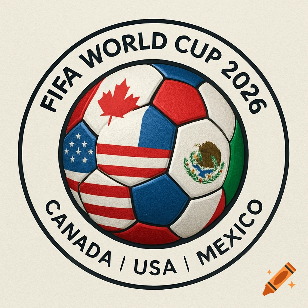 Circular FIFA World Cup 2026 logo with a soccer ball featuring USA, Canada, and Mexico flags.