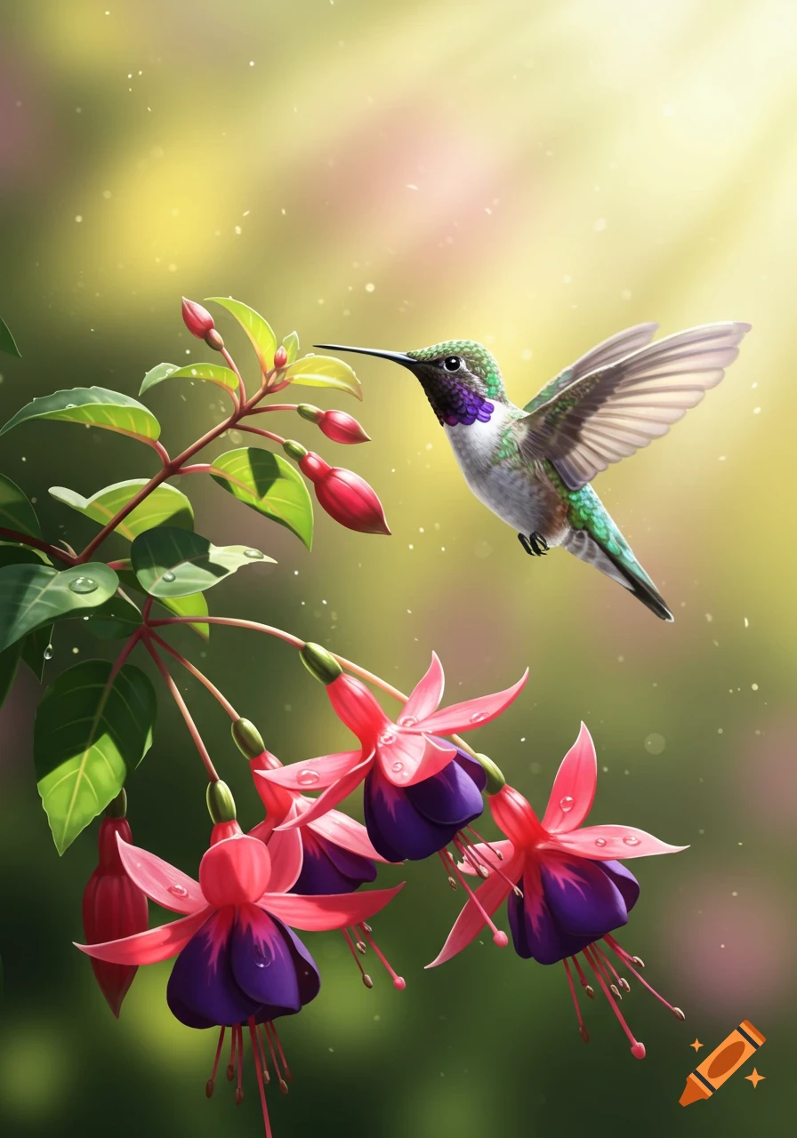 A vibrant green and white hummingbird hovers by bright pink and purple fuchsia flowers with water droplets, against a sunny, blurred natural background.