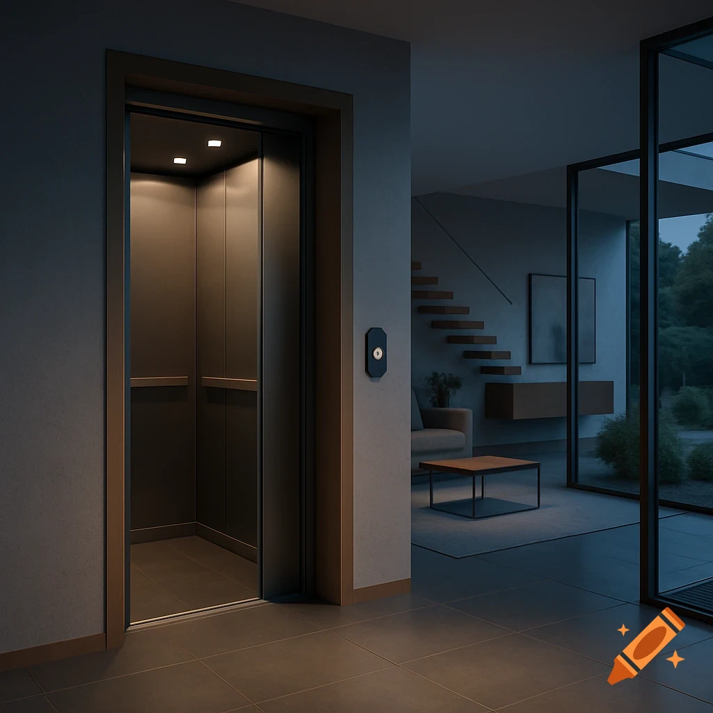 Modern house interior at dusk with a private elevator, floating staircase, and large windows.