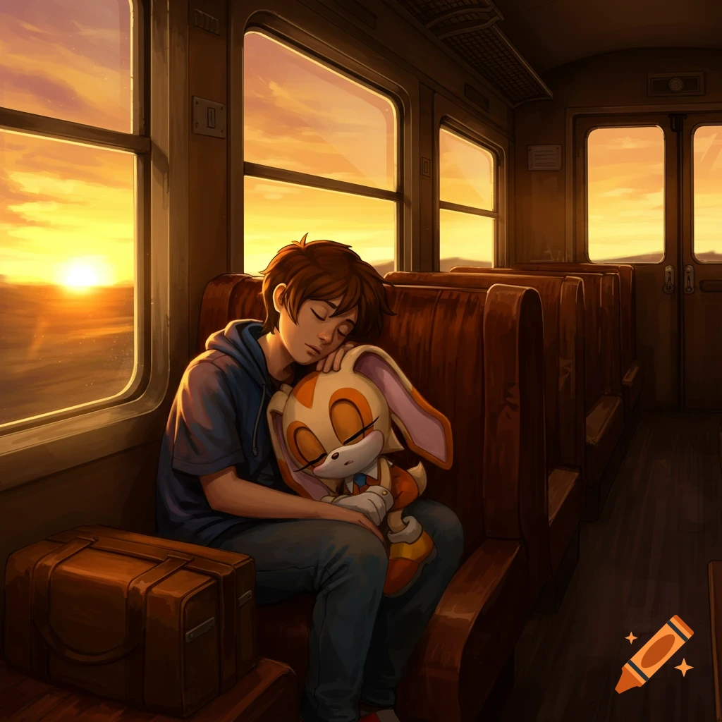 Anime art of a brown-haired boy sleeping in a train during sunset, cuddling Cream the Rabbit, who is also asleep.