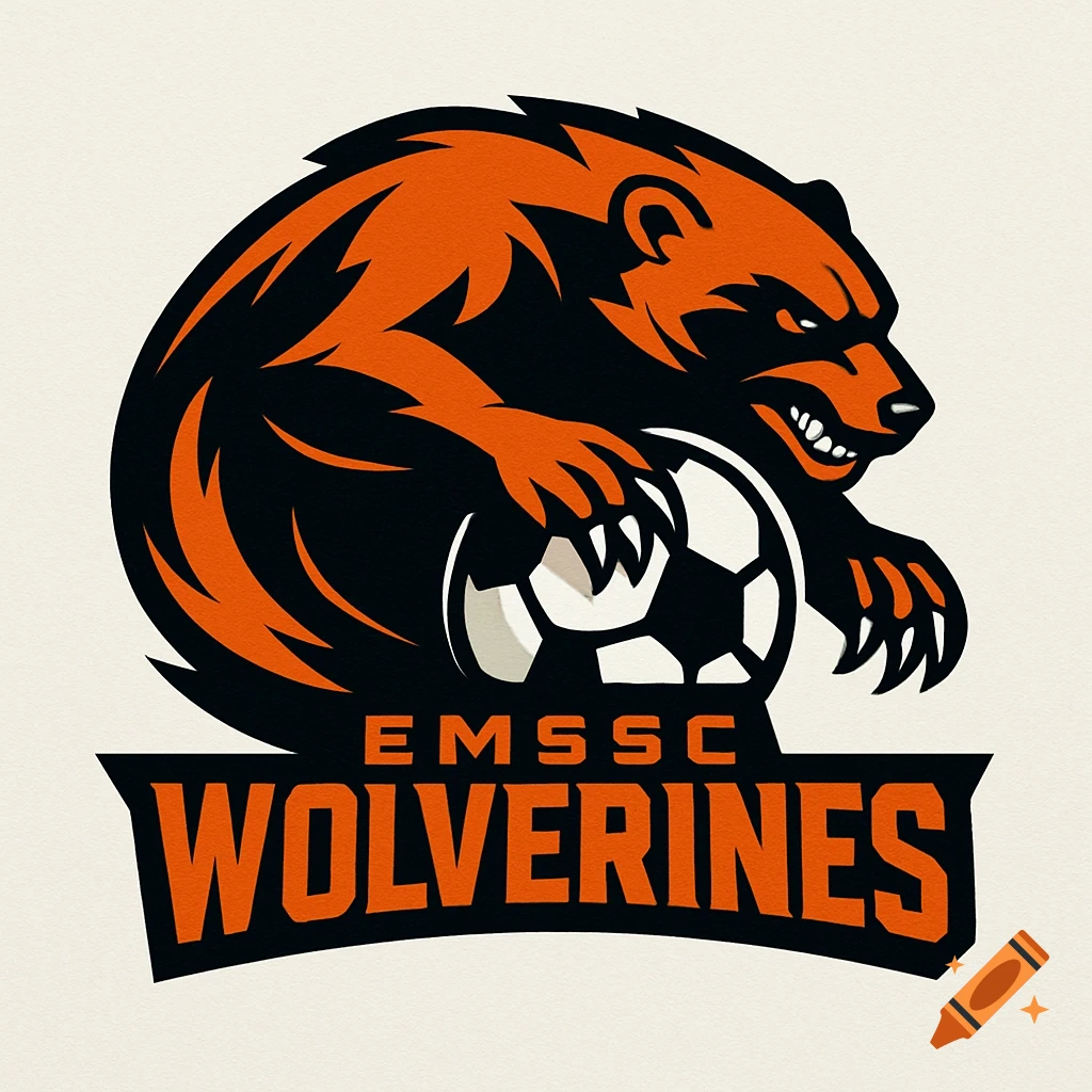 Orange and black wolverine mascot logo holding a soccer ball with 'EMSSC WOLVERINES' text.