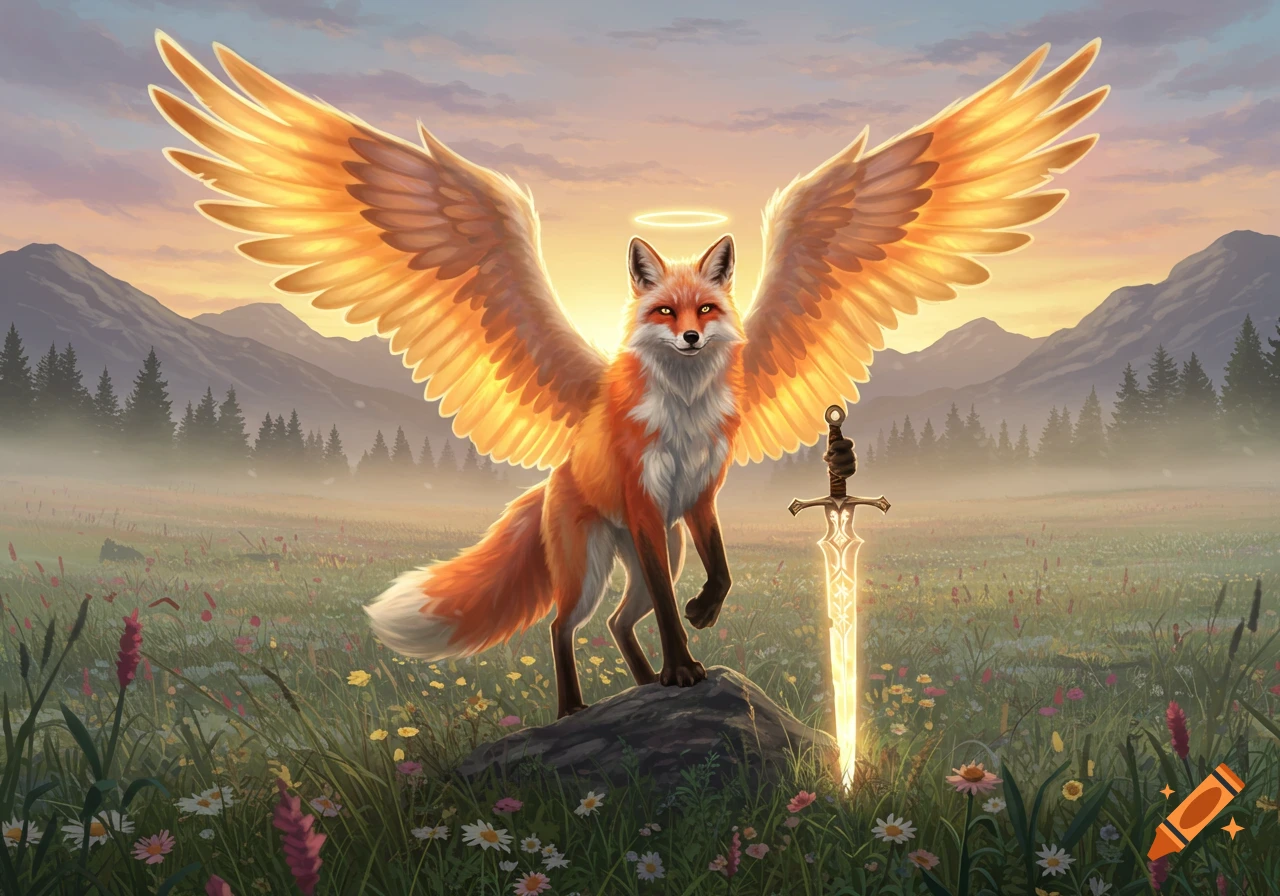 An angelic fox with glowing golden wings and a halo stands beside a luminous sword in a wildflower field at sunset.
