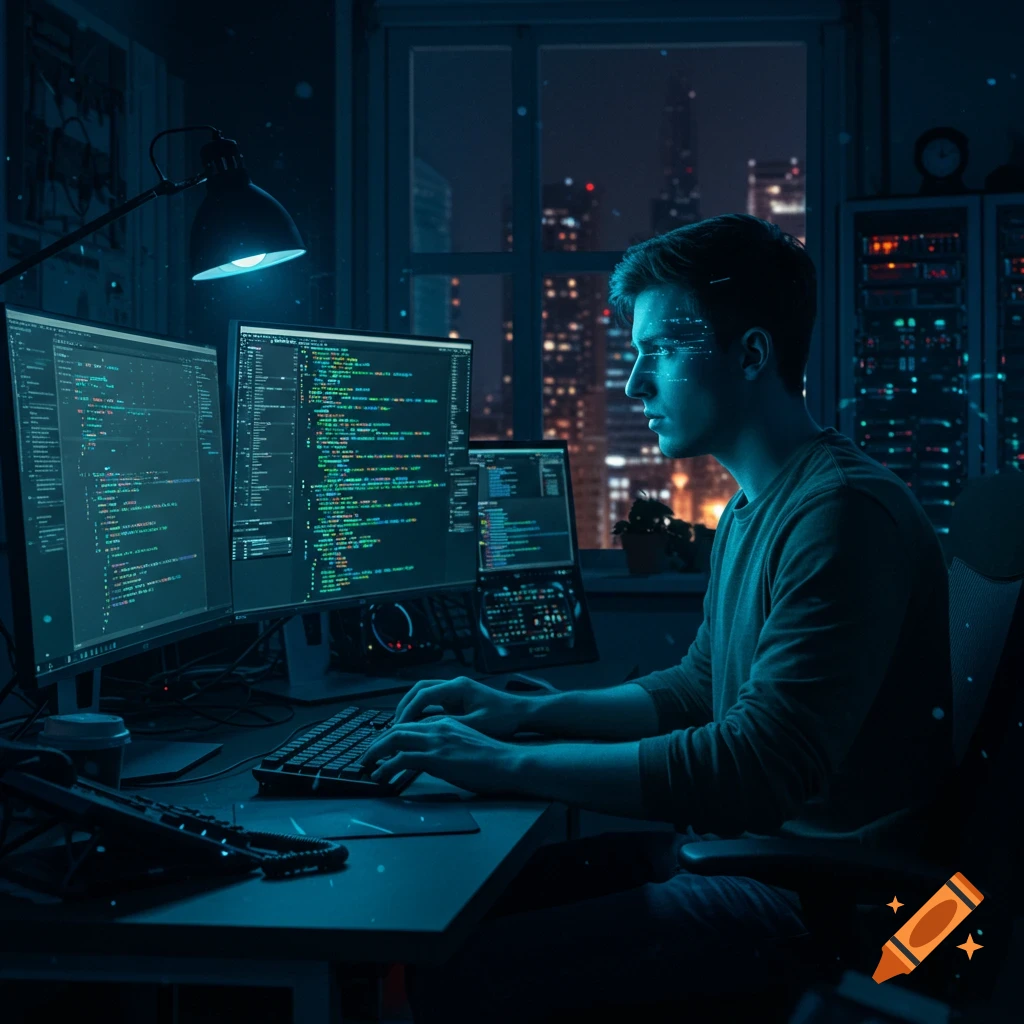 A man codes intensely at multiple computer monitors in a dark, futuristic room overlooking a city at night.