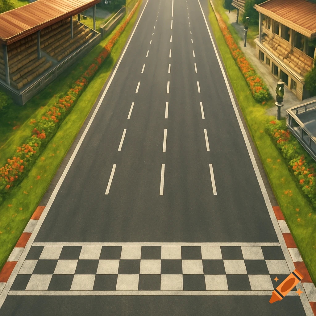 A bird's eye view of a straight racetrack with a checkered finish line, grandstands, and flowered borders, in an illustrated style.