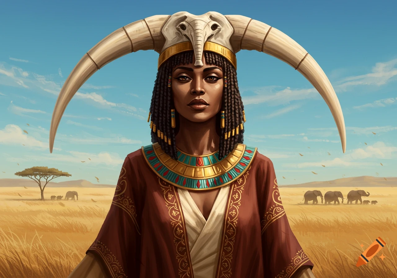 Illustrated portrait of a Nubian warrior princess wearing an elephant tusk crown and elaborate jewelry in a savanna.