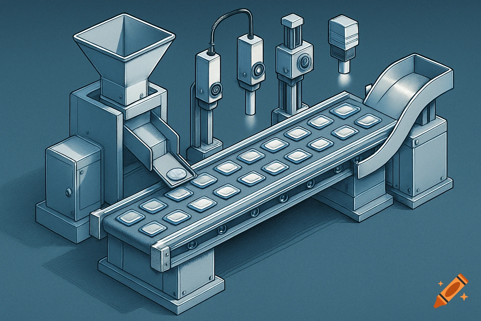 Isometric view of an industrial machine with a feeding system, conveyor belt, inspection stations, and discharge, in an engineering drawing style.