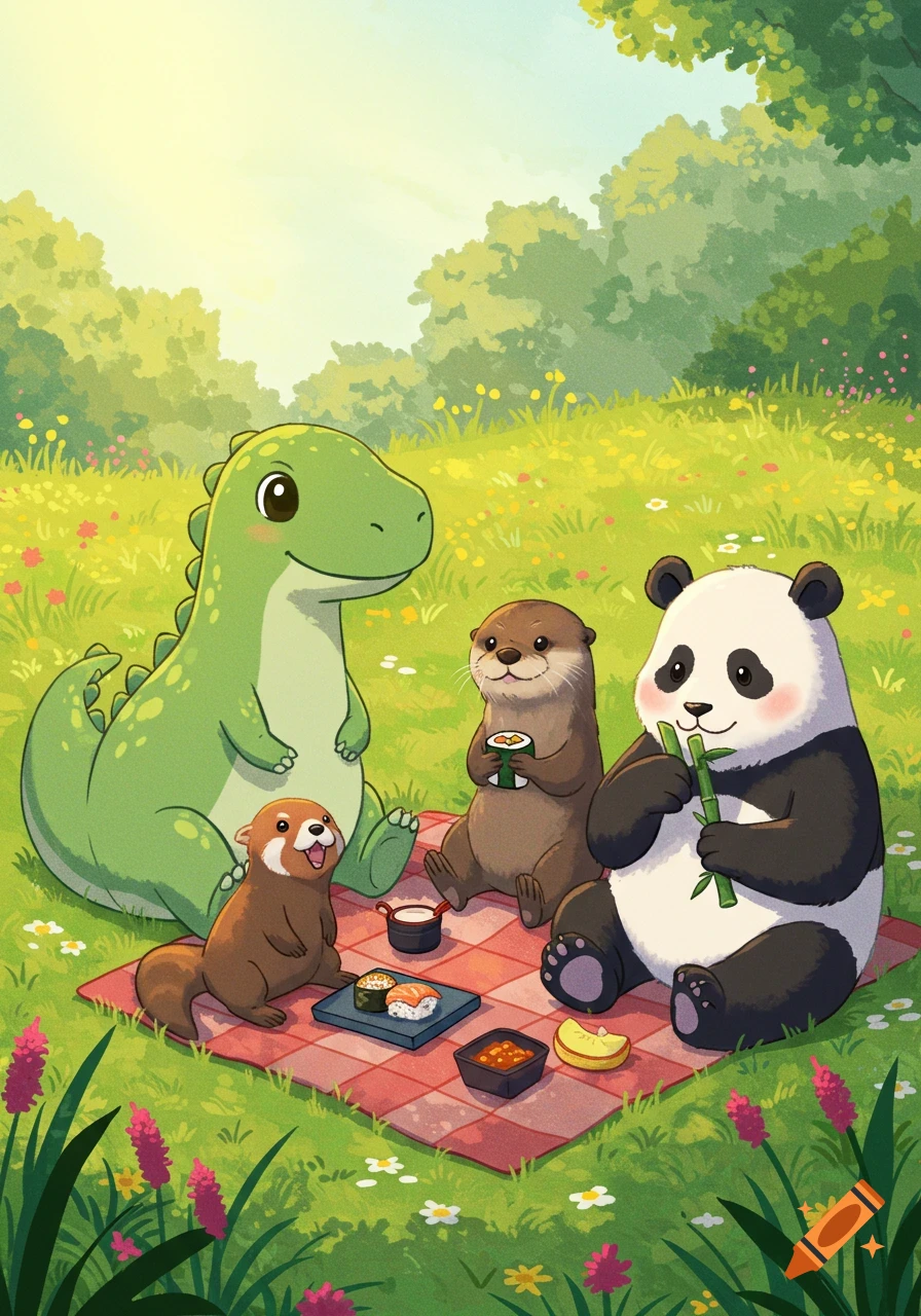Cute cartoon dinosaur, otter, red panda, and giant panda enjoying a picnic with sushi in a sunny meadow.
