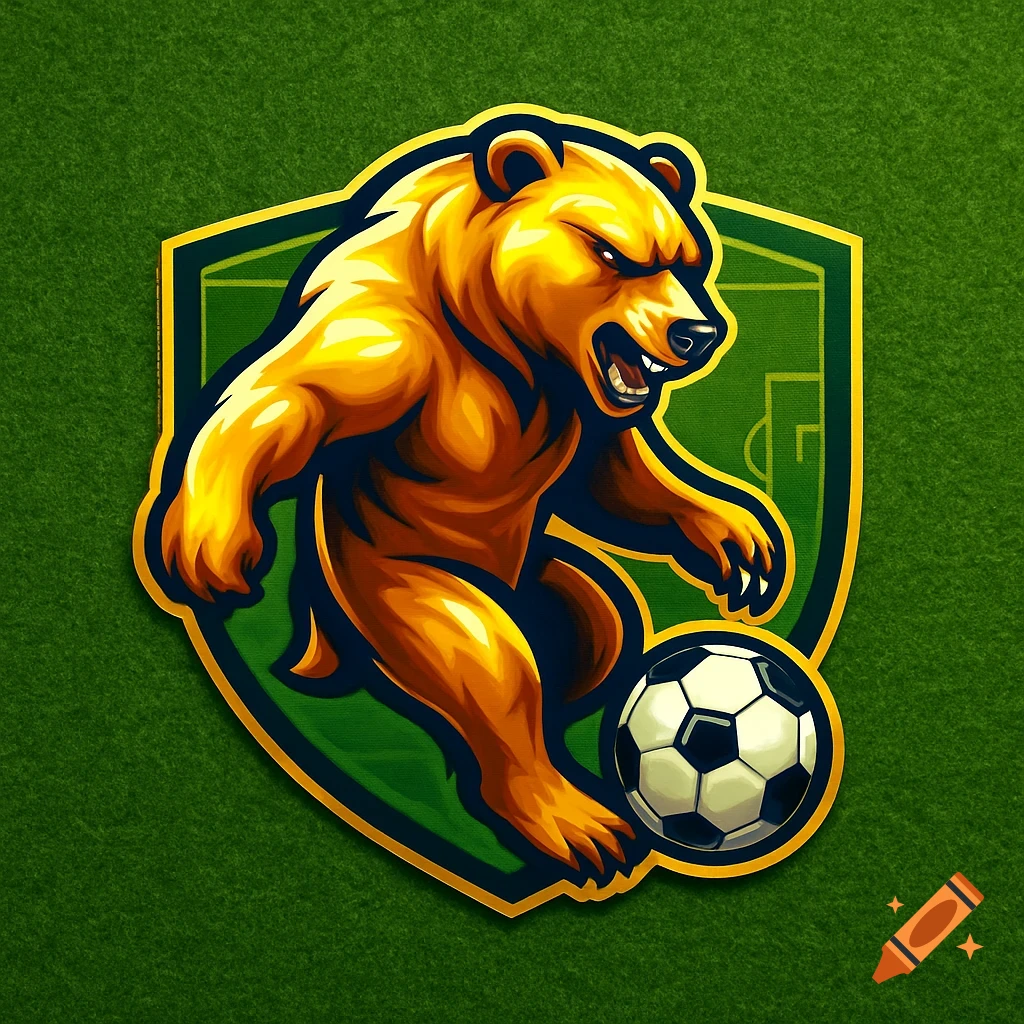A stylized golden bear mascot kicking a soccer ball, depicted as a logo on a green background.