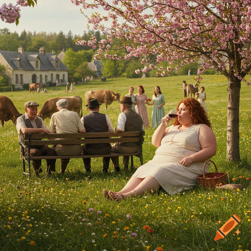 People enjoying a picnic in a sunny meadow with cherry blossoms and cows, a woman sips red wine, while men sit on a bench.