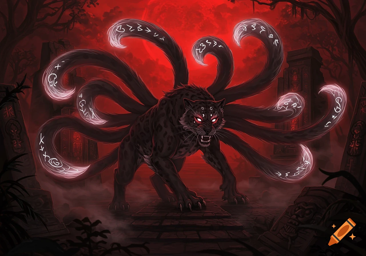 A fierce, dark, ten-tailed jaguar-like creature with glowing red eyes, covered in glowing runes, stands in a red-hued, misty jungle with ancient ruins.