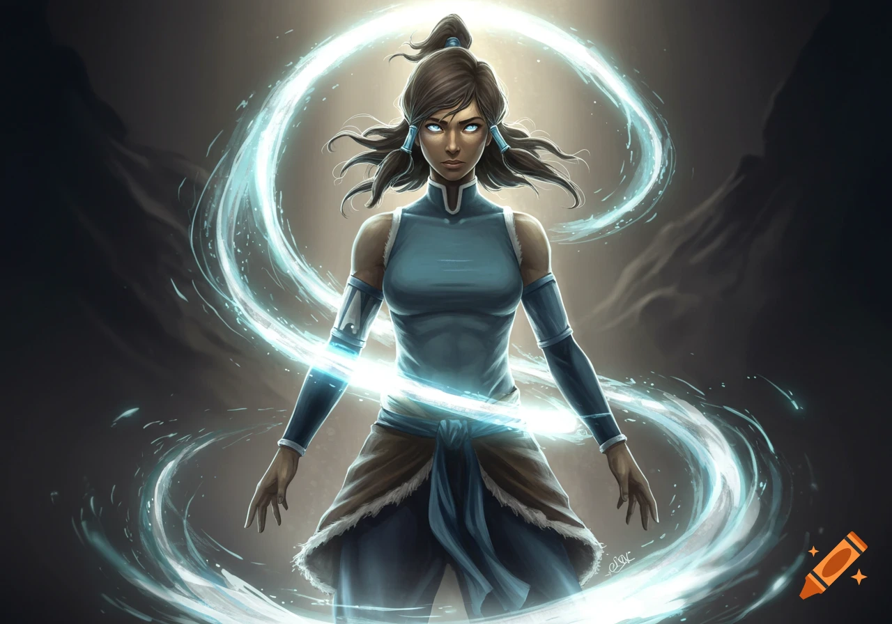 Korra from Avatar standing powerfully with glowing blue eyes and a swirling blue energy aura around her, in a digital painting style.