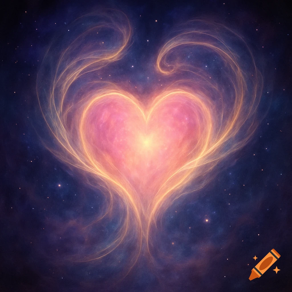 A vibrant pink and orange glowing nebula forms a heart shape against a dark, star-filled cosmic background.