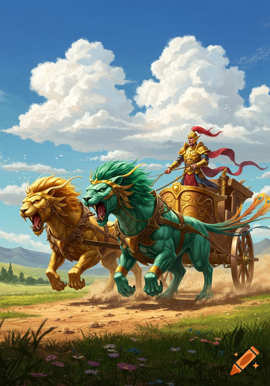 An armored charioteer in a golden wagon pulled by a gold lion and a teal lion across a field under a cloudy sky, in an illustrated style.