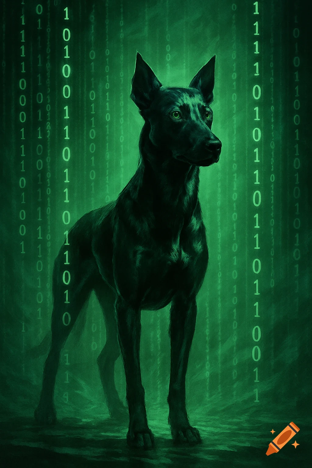 A dark dog stands silhouetted against a vibrant green background of falling binary code, reminiscent of The Matrix.