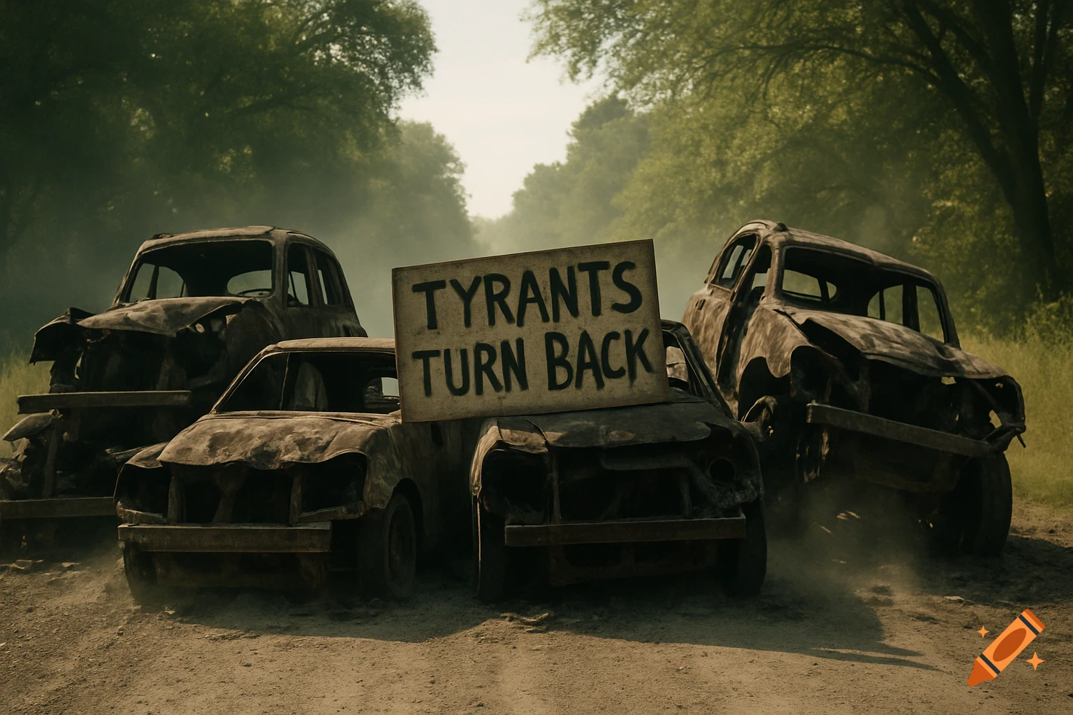 Photorealistic image of a road blockade made of abandoned, burnt cars on a dusty rural road, with a sign reading 'TYRANTS TURN BACK'.