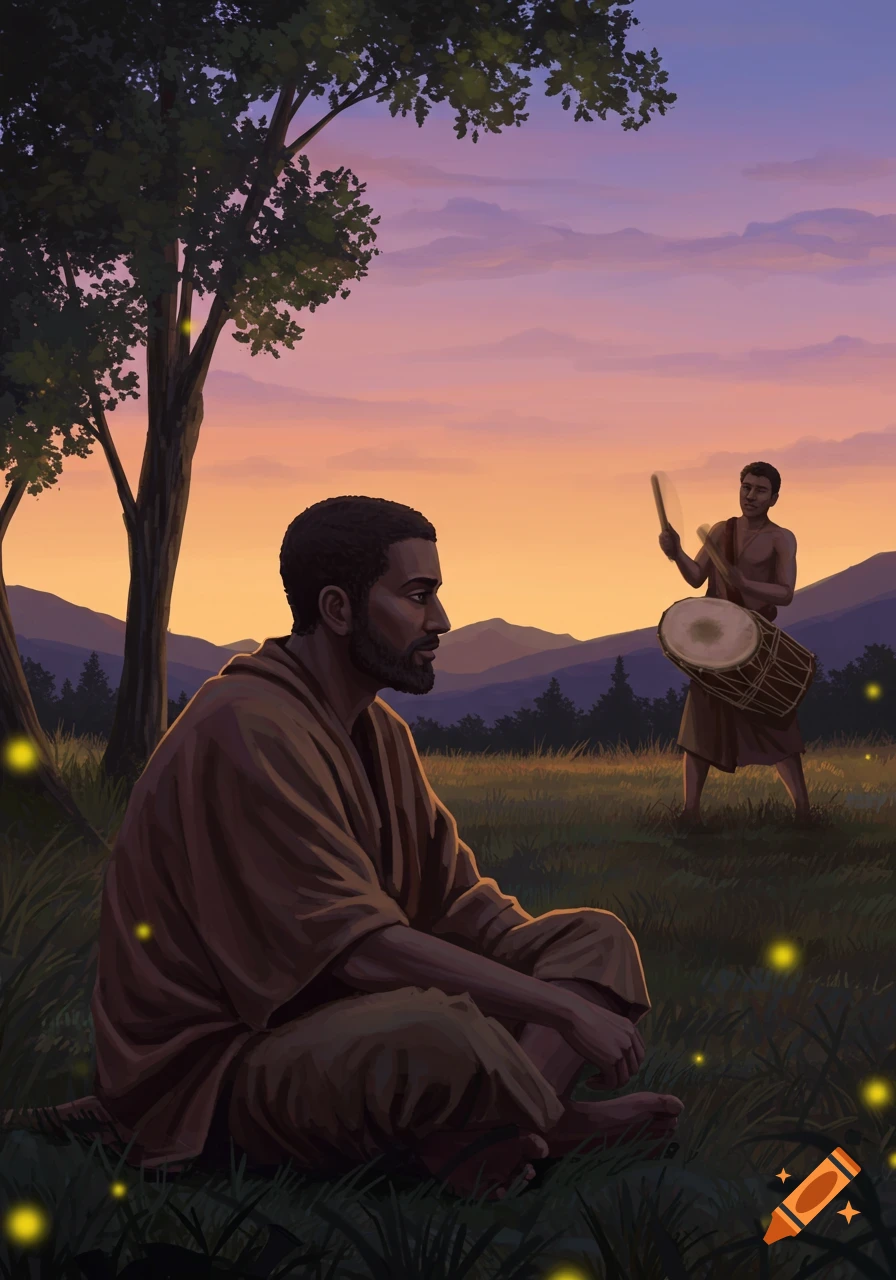Illustration of a man sitting under a tree, and another man playing a drum in a grassy field at sunset with mountains and fireflies.