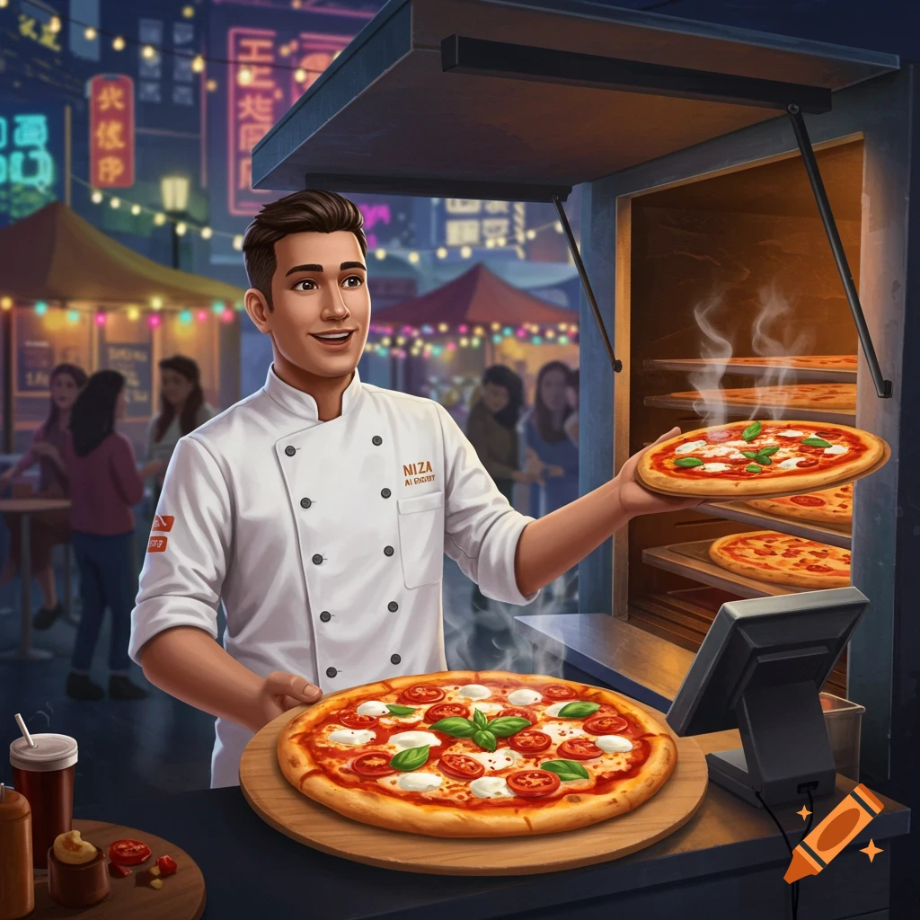 An illustrated male chef in a white uniform holds up a hot pizza from his street food stand at night, with a larger pizza on the counter. Neon signs are in the background.