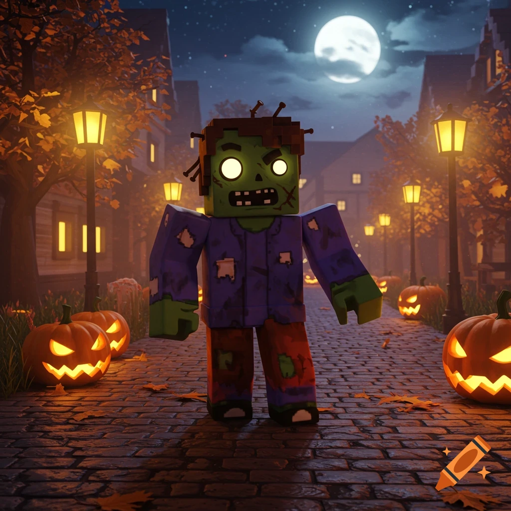 A Roblox-style zombie with glowing green eyes stands on a cobblestone path amidst jack-o'-lanterns and autumn leaves at night.