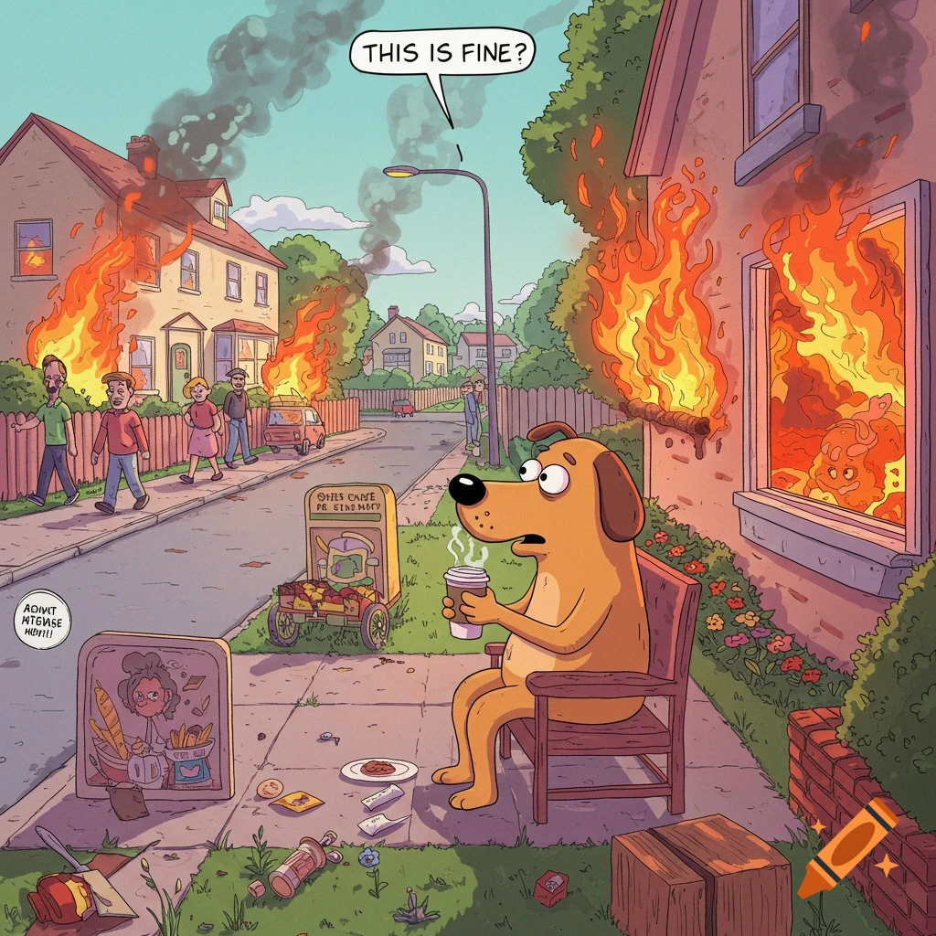 A cartoon dog calmly sips coffee on a chair as houses and a car burn in the background. A speech bubble above it reads, 'THIS IS FINE?'