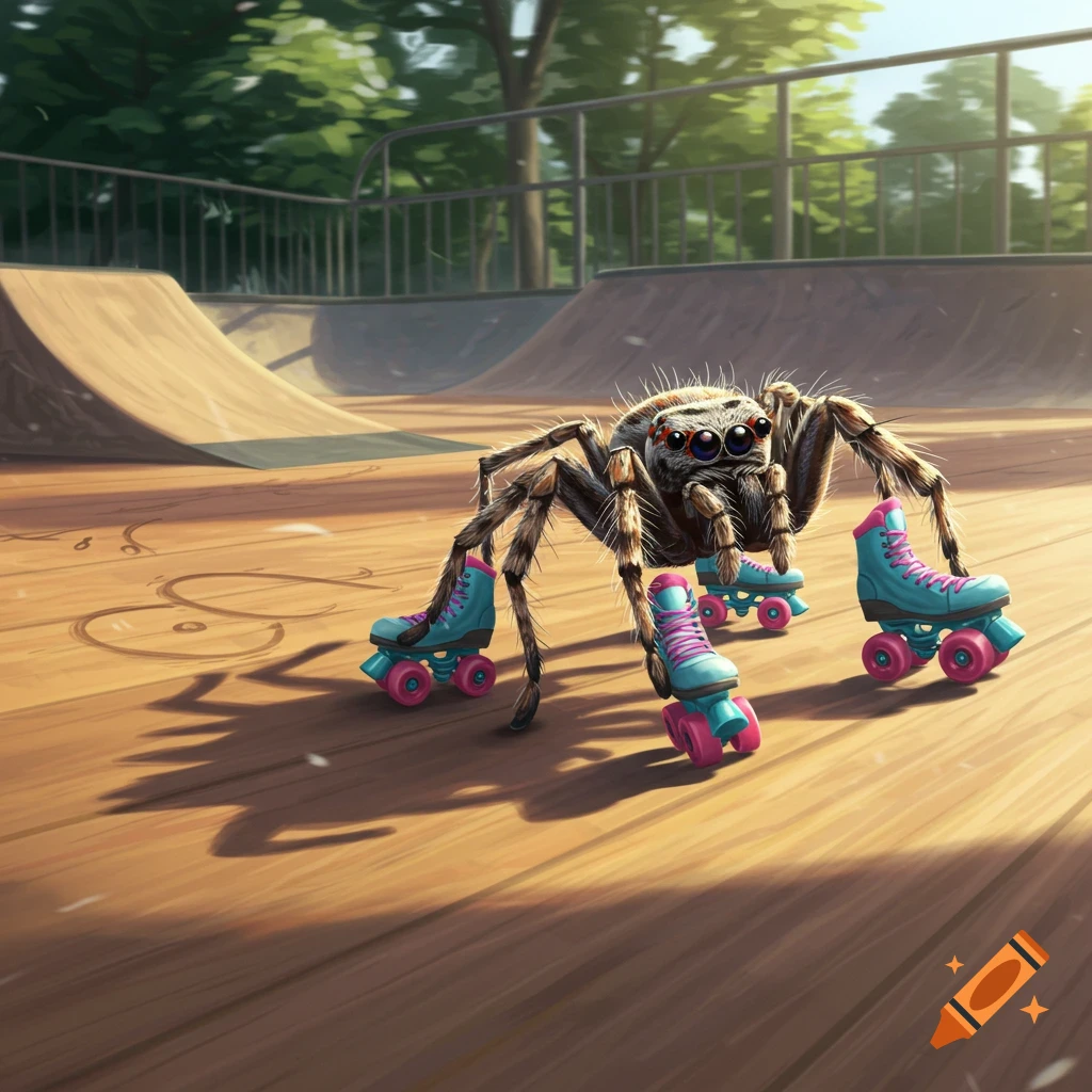 A fluffy brown jumping spider wearing four pairs of teal and pink roller skates in a sunny skate park.