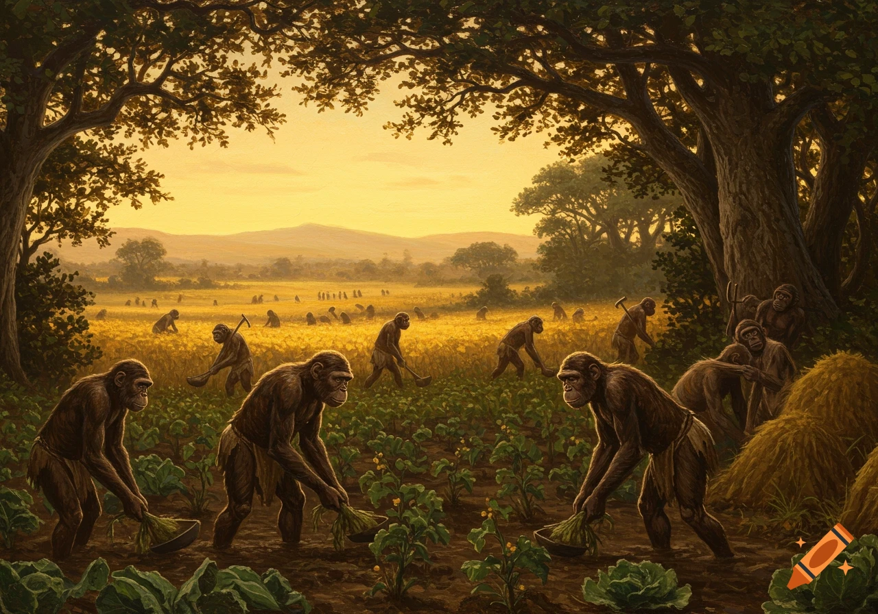 A 19th-century style painting depicts australopithecus figures farming in a golden-hour landscape under a tree canopy.