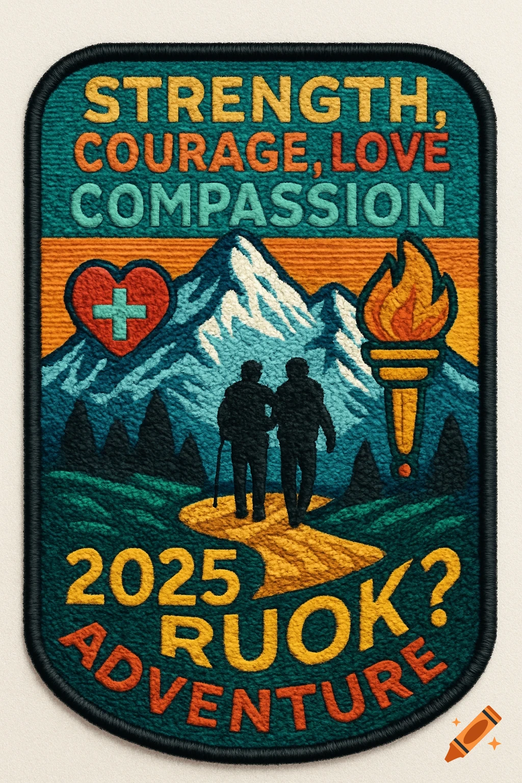 Embroidered patch with 'STRENGTH, COURAGE, LOVE, COMPASSION', '2025 RUOK? ADVENTURE', hikers, mountains, heart, and torch.