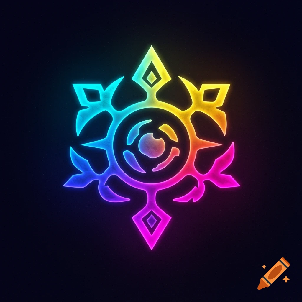 A glowing, rainbow-colored, stylized symbol with geometric and organic elements on a dark background.