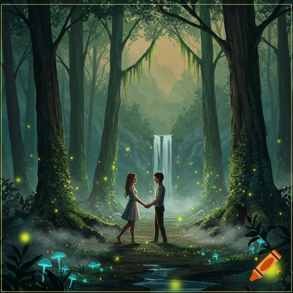 Illustration of a couple holding hands in an enchanted forest with a waterfall, glowing mushrooms, and fireflies.
