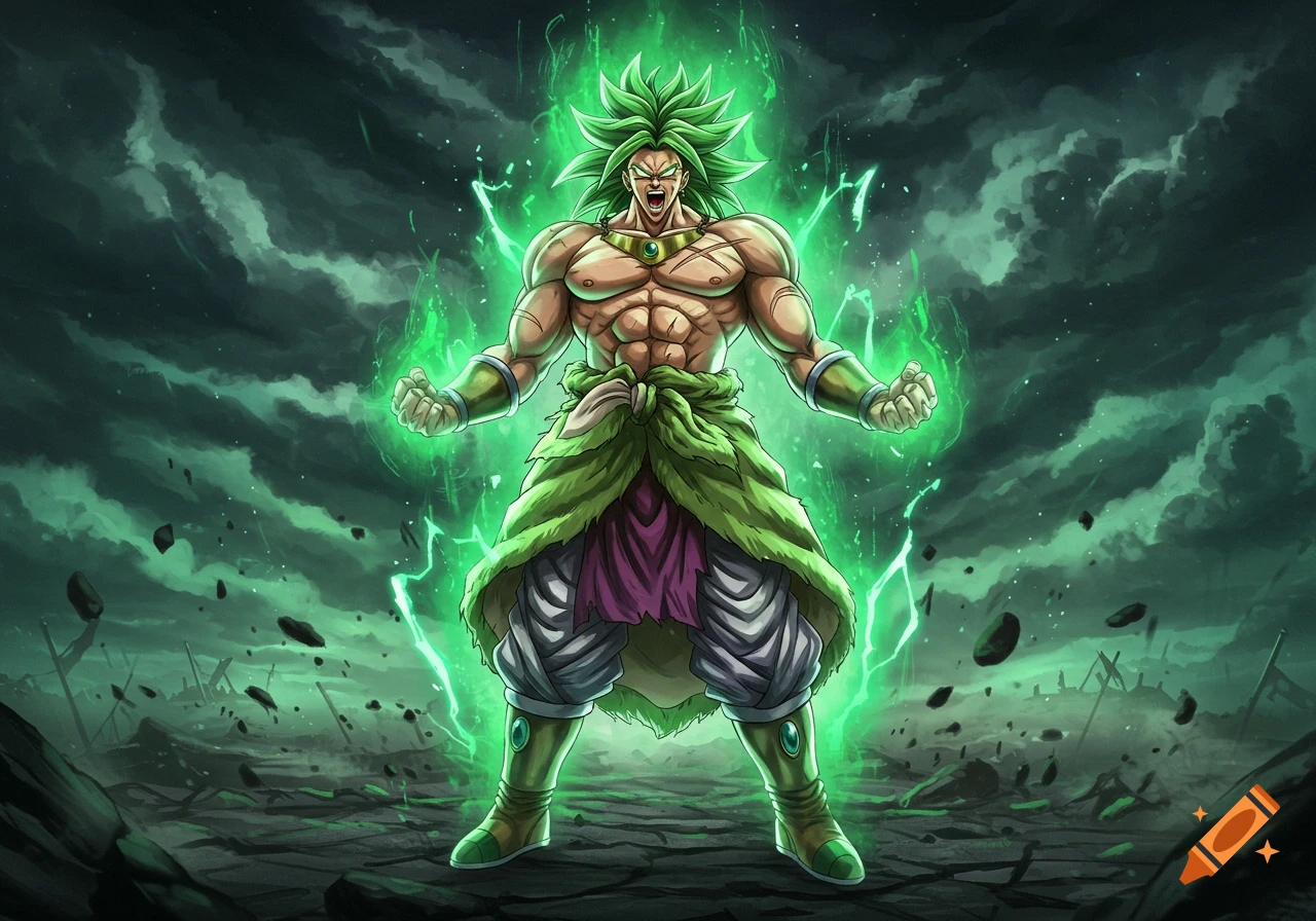 Broly, a muscular anime character with spiky green hair, screams as green energy radiates from him in a desolate landscape.