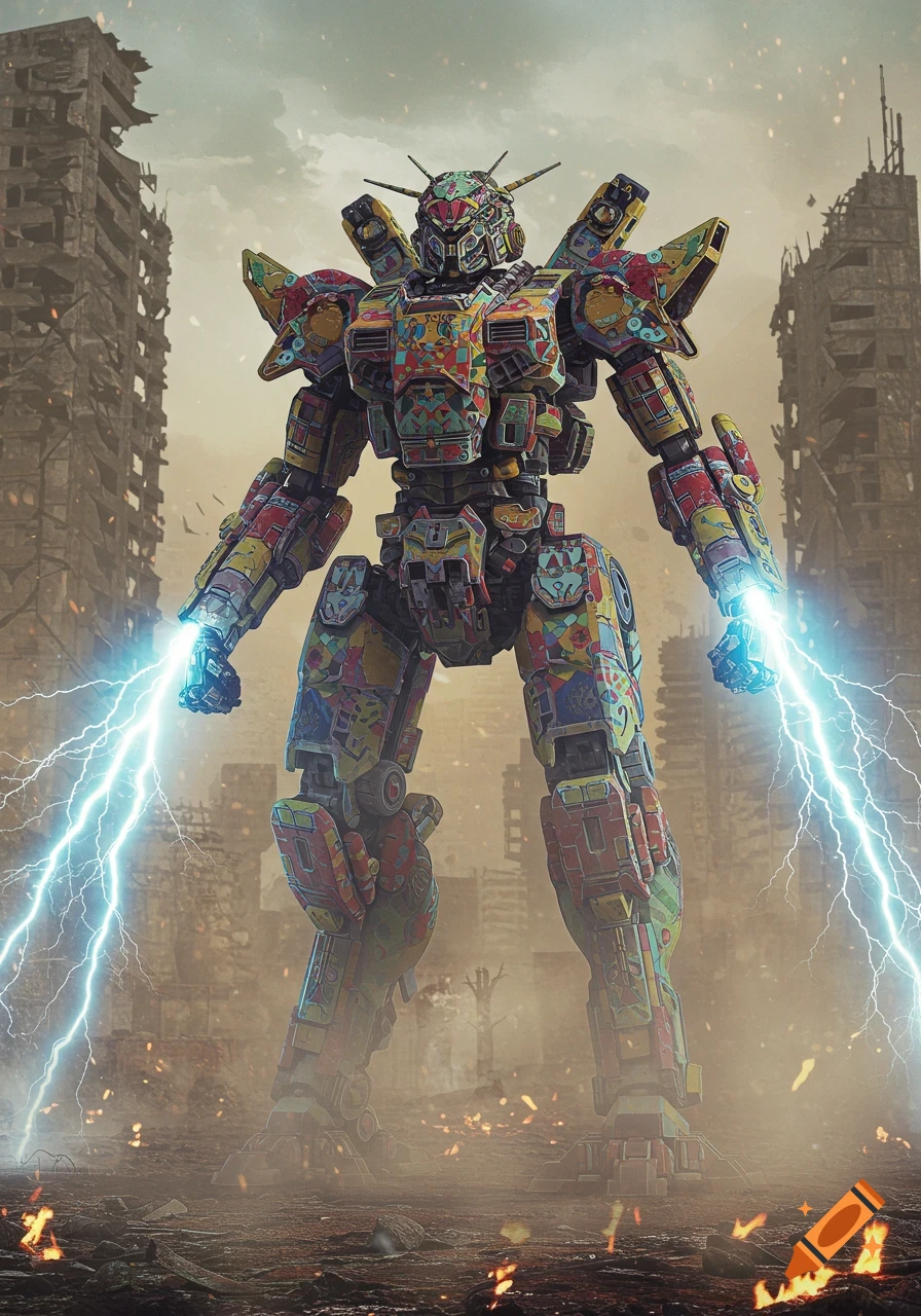 A colorful mecha robot with patterns resembling a peace sign, emitting electricity from its hands, stands in a ruined, dusty city.