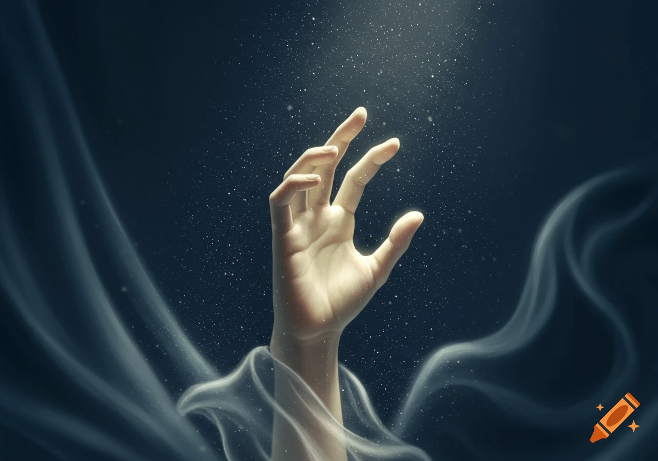 A human hand reaches upwards from a swirling ethereal white mist, illuminated by shimmering particles in a dark, atmospheric background. Dreamy, fantasy style.
