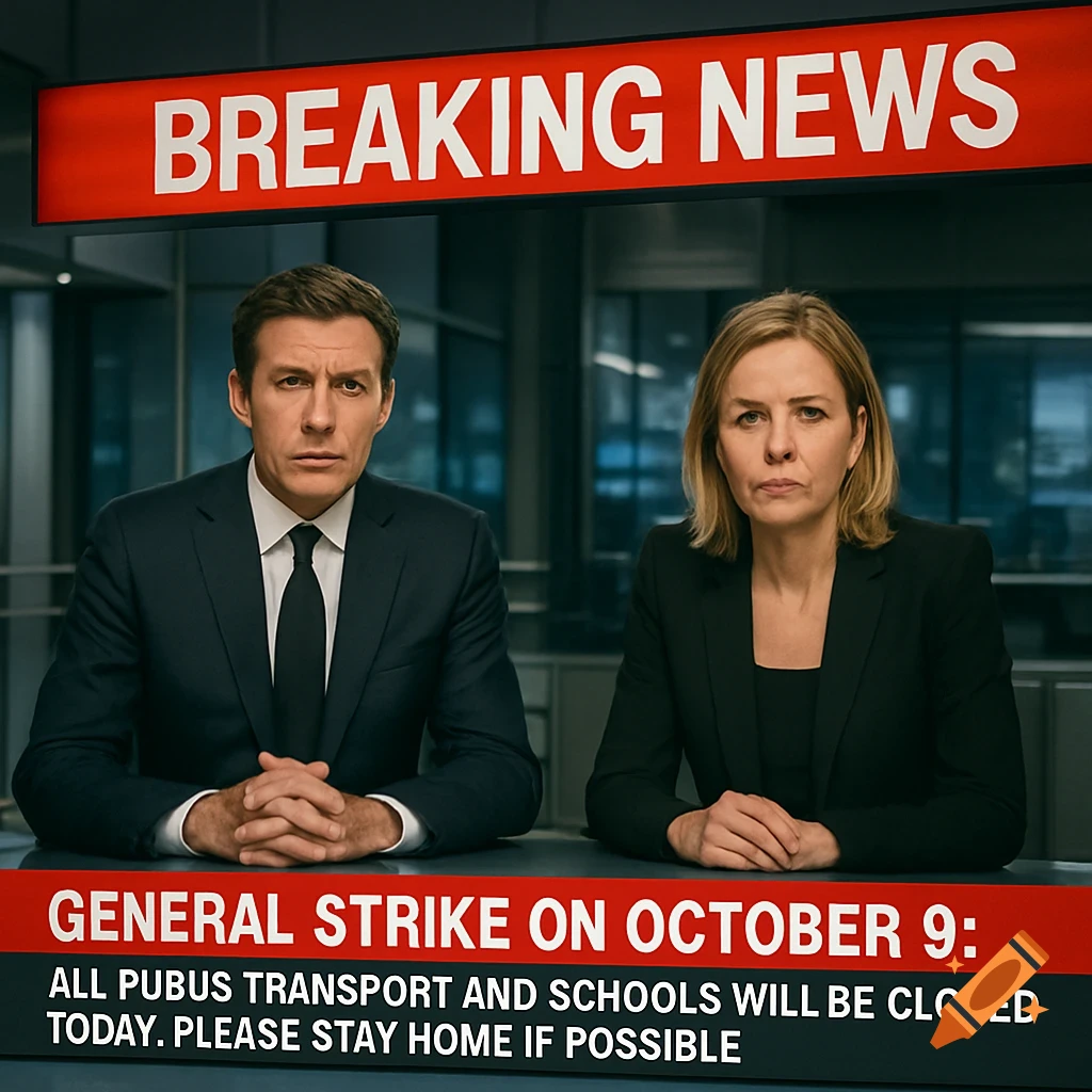 Two serious news anchors report 'BREAKING NEWS' about a general strike closing transport and schools, photorealistic.