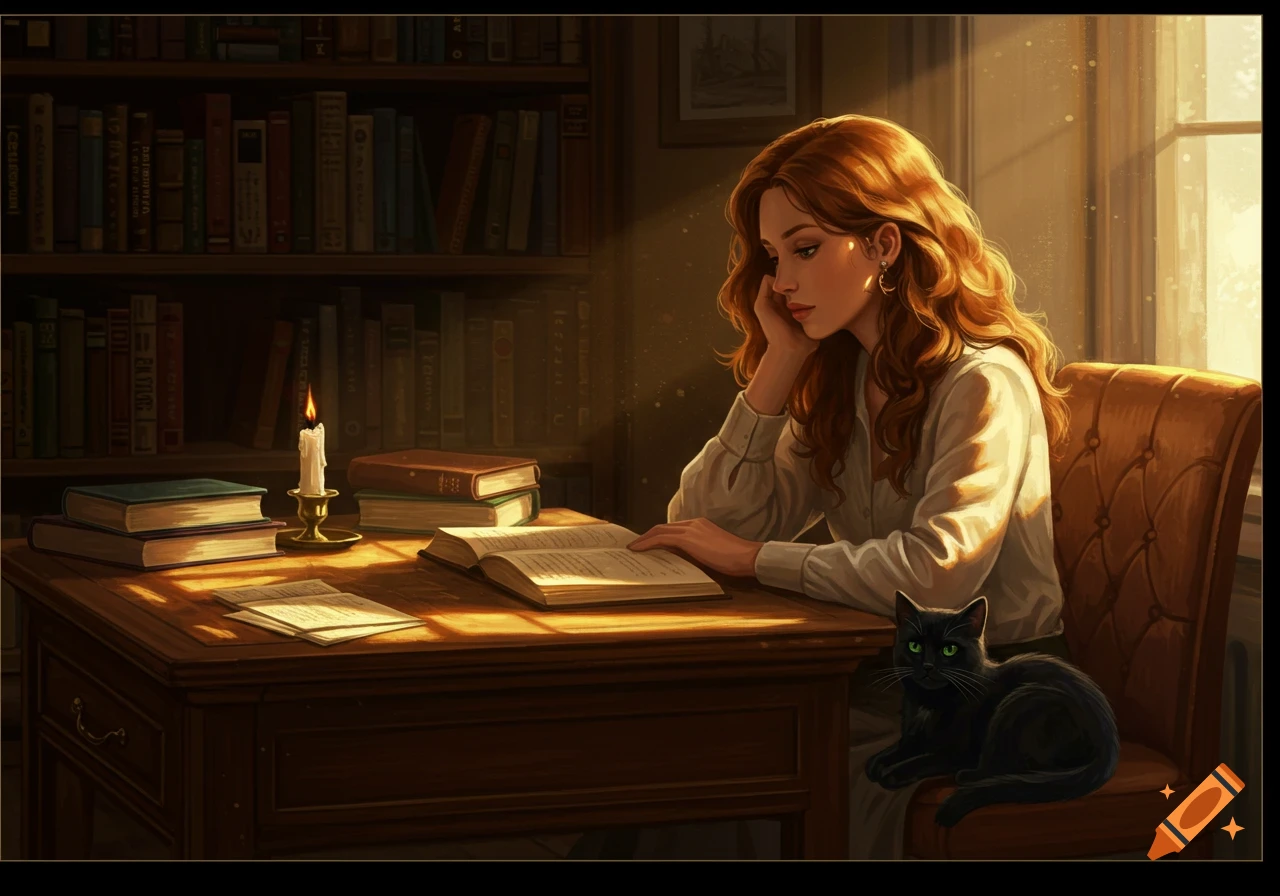 A red-haired woman studies in a candlelit library at a wooden desk with a black cat on a chair beside her.