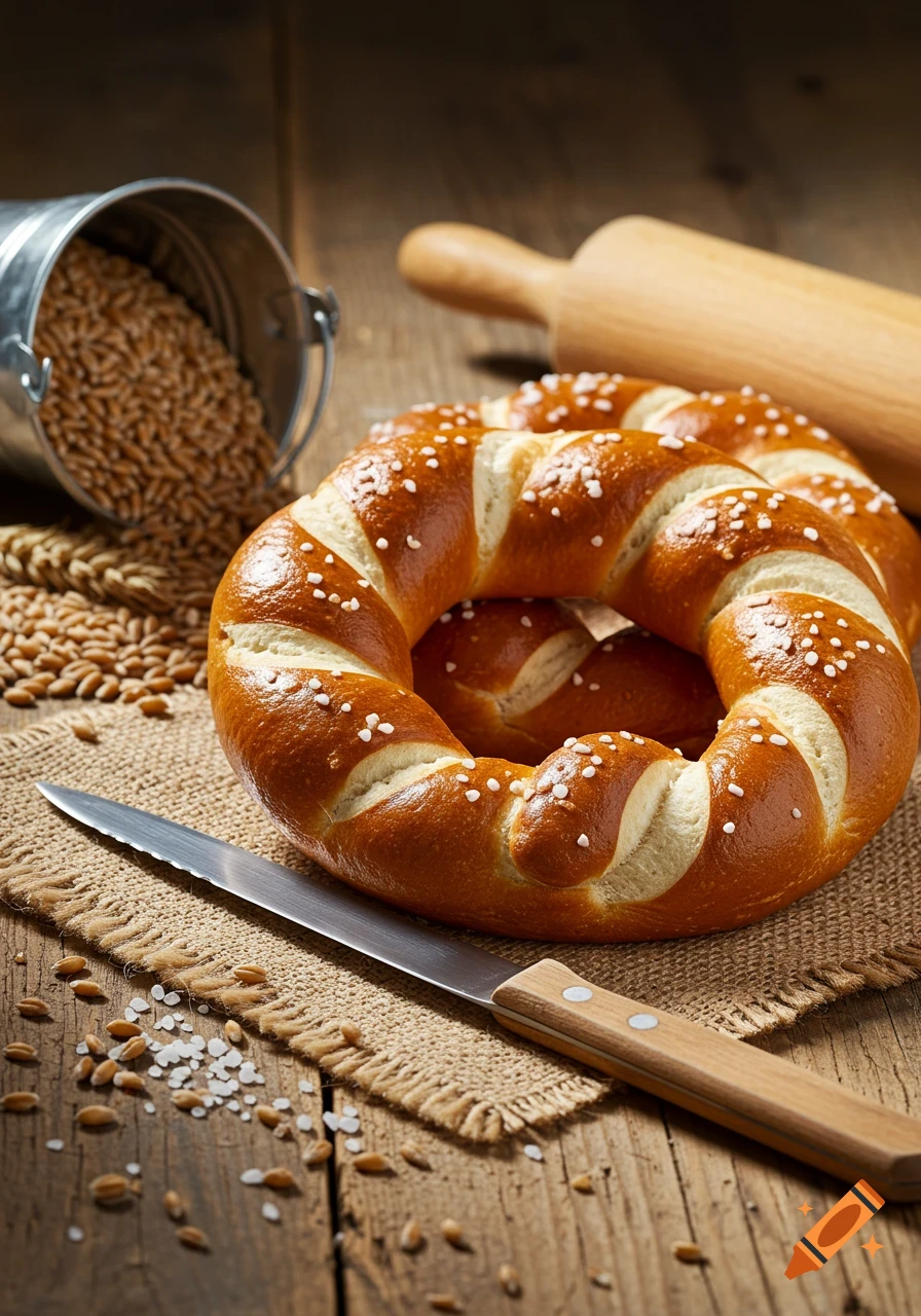 Photorealistic image of two salted pretzels on a jute cloth with a knife, spilled wheat, bucket, and rolling pin on a wooden table.