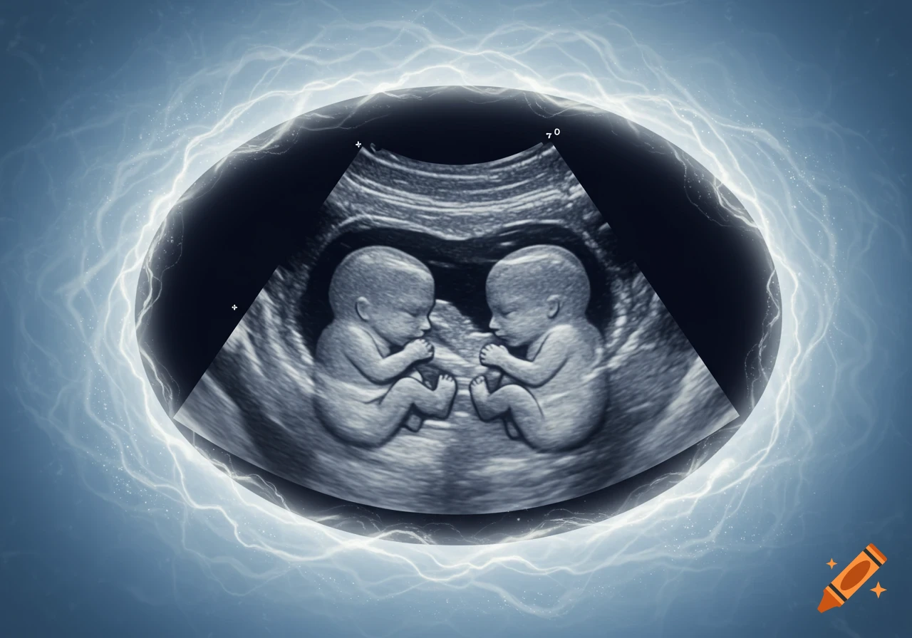 An ultrasound of two fetuses in the womb, surrounded by a blue energy field.