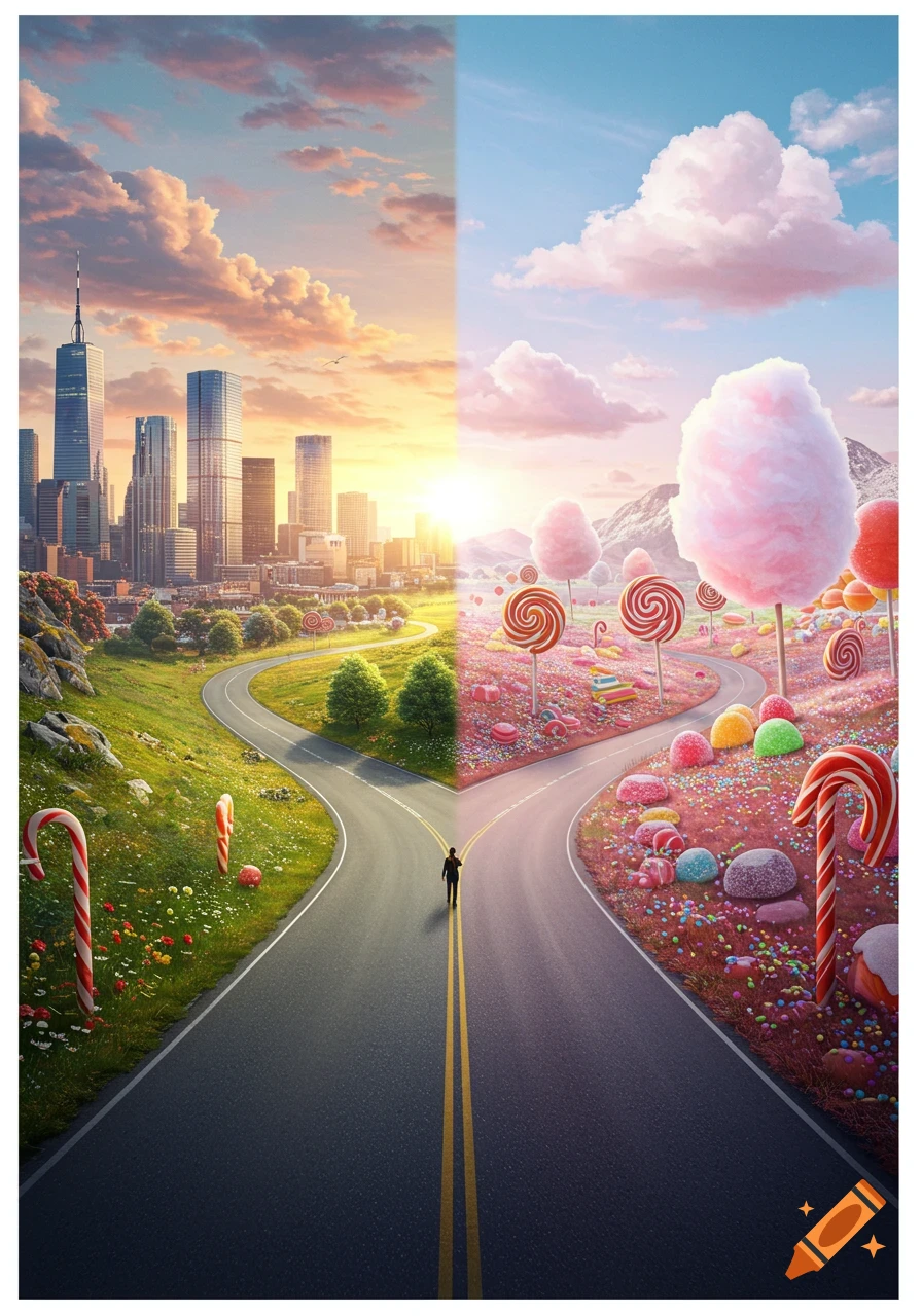A fork in a road, one path leading to a sunlit city skyline, the other to a colorful candy land with lollipops and cotton candy trees.