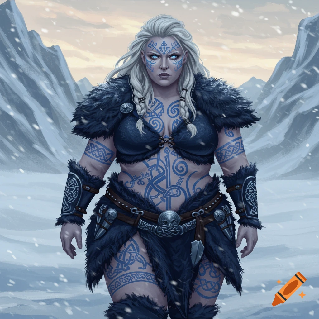 A fantasy woman with white hair, blue eyes, and blue viking tattoos, wearing dark fur armor in a snowy mountain landscape.
