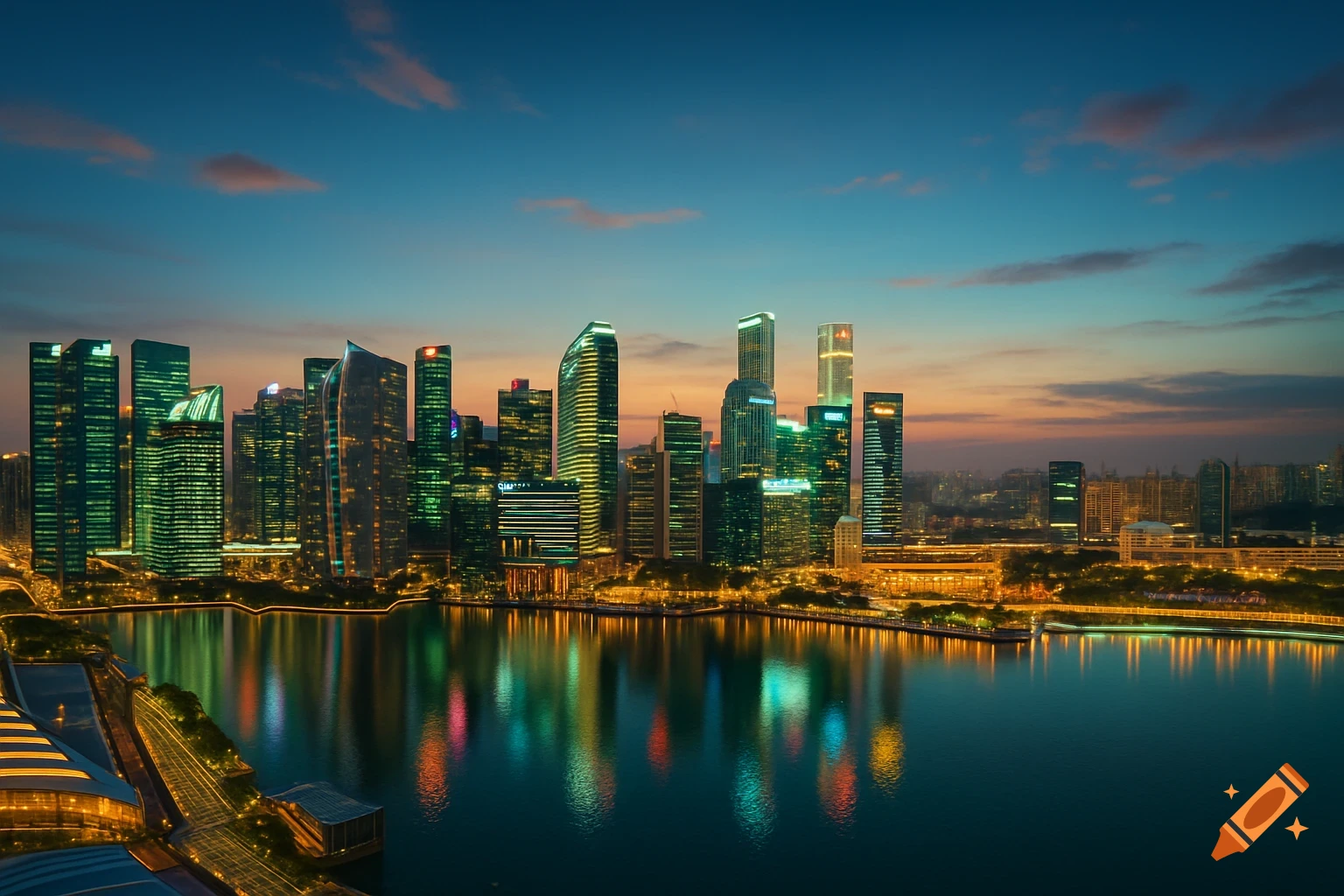 Panoramic view of a modern cityscape at dusk, with illuminated skyscrapers reflecting on a body of water under a colorful sky.