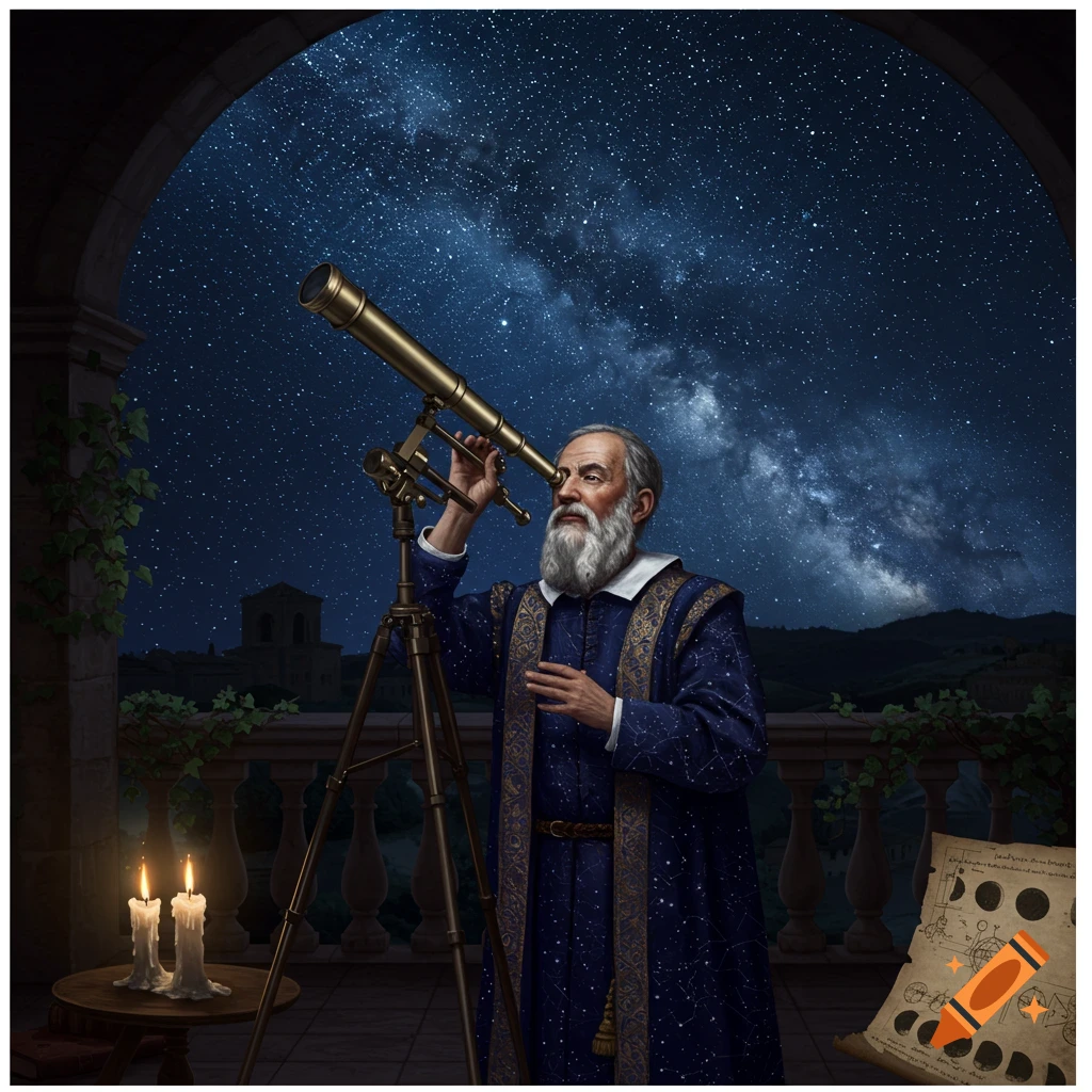 A historical depiction of Galileo Galilei on a balcony, looking through a telescope at a star-filled night sky.
