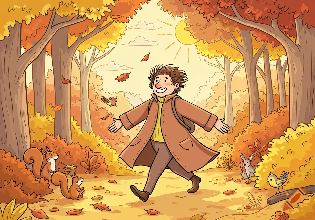 Happy cartoon man walks through a vibrant autumn forest with squirrels, a rabbit, and birds, under a sunny sky.