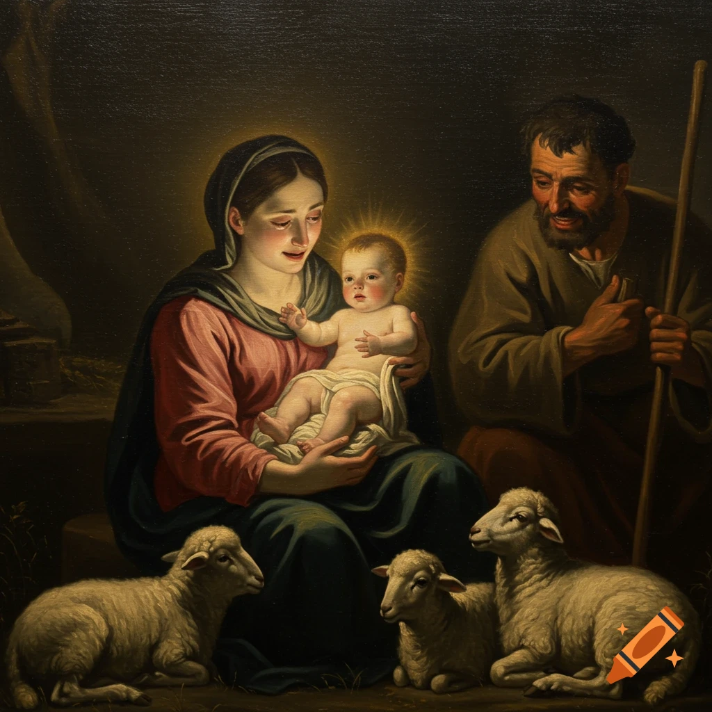 A Baroque oil painting depicts a woman holding a glowing infant, a man with a staff, and three lambs in dramatic chiaroscuro.