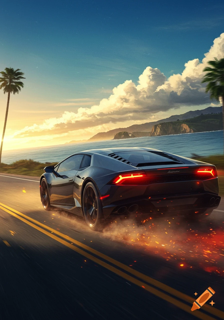 Dark gray Lamborghini speeds on coastal highway at sunset with sparks, palm trees, ocean, and mountains in background.
