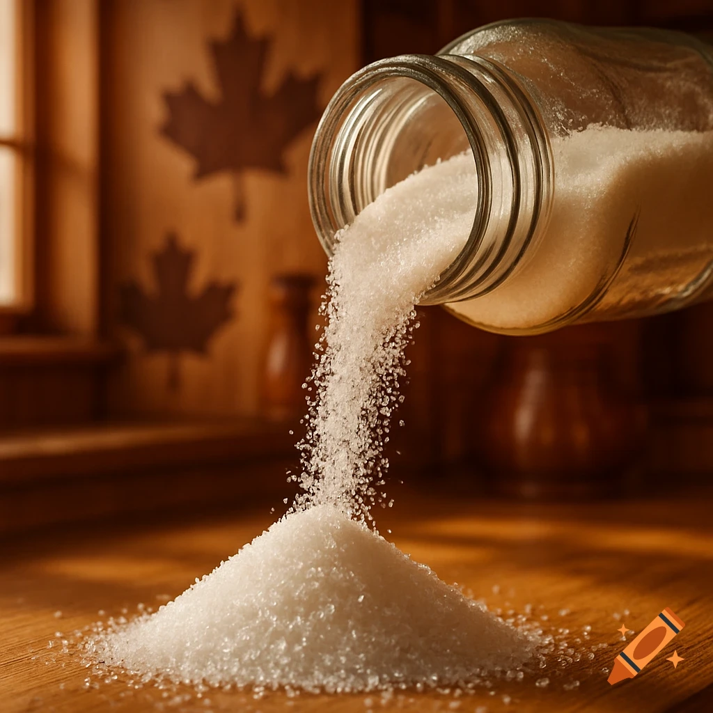 Refined white sugar pours from a glass jar onto a wooden table, forming a small mound, with maple leaf shapes in the background.