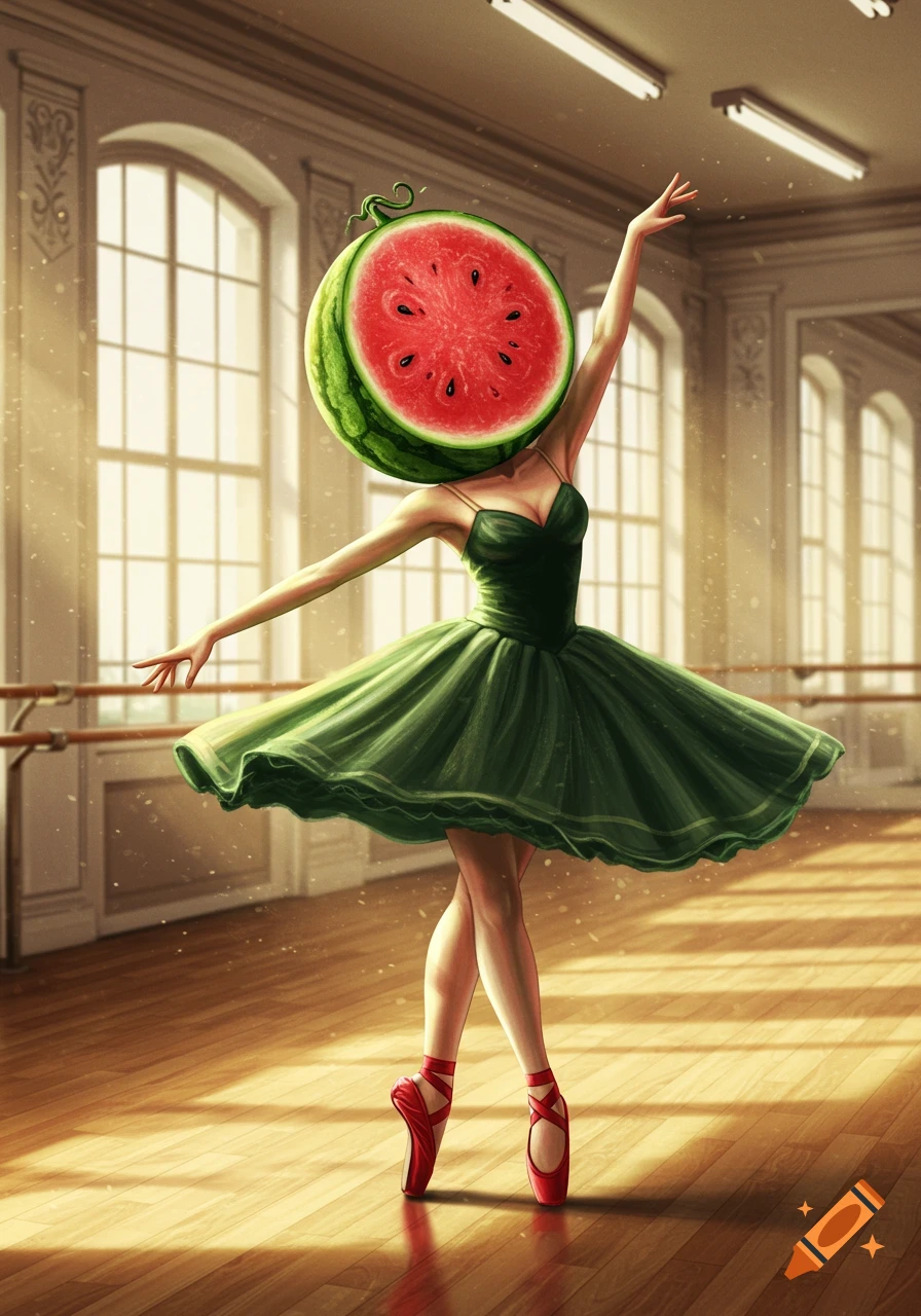 A whimsical ballerina with a sliced watermelon for a head, wearing a dark green dress and red pointe shoes, poses in a sunlit ballet studio.